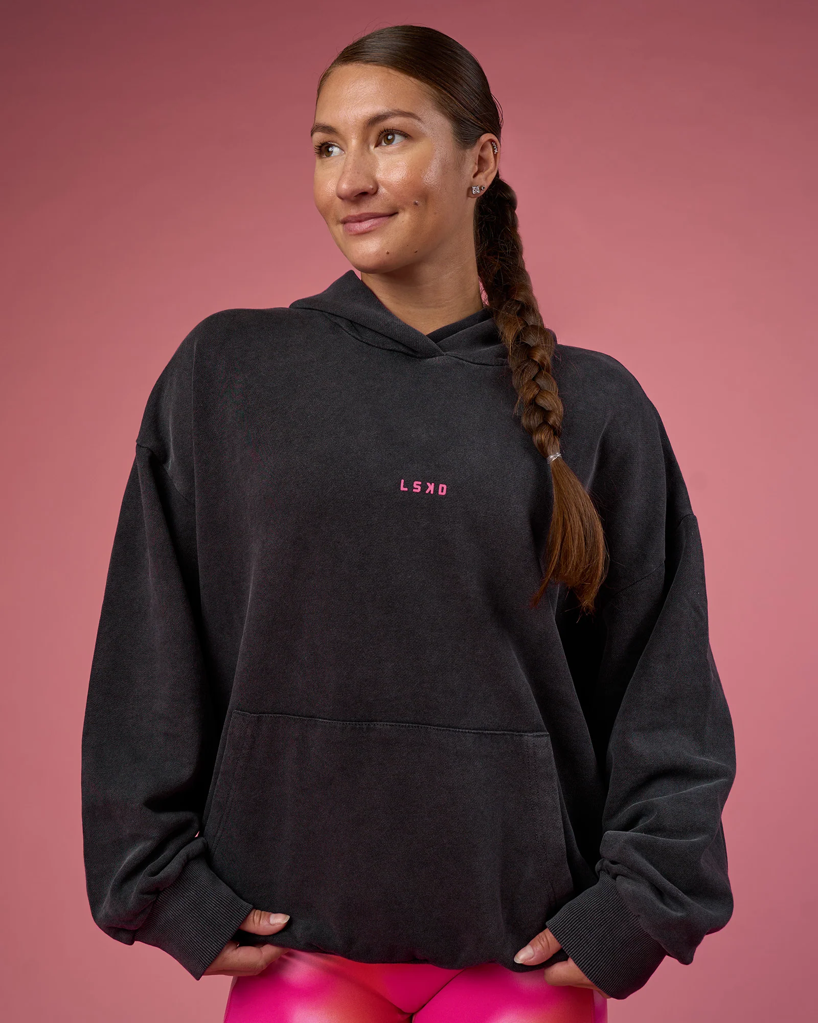 BCAM Washed Unisex Oversized Hoodie - Black Washed-Pink