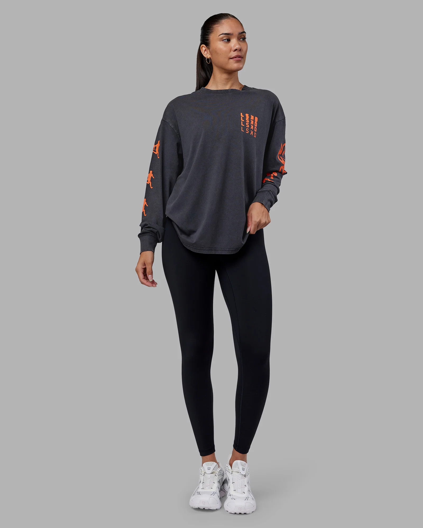 Inferno Journey FLXCotton Oversized Long Sleeve Tee - Washed Black-Ultra Orange