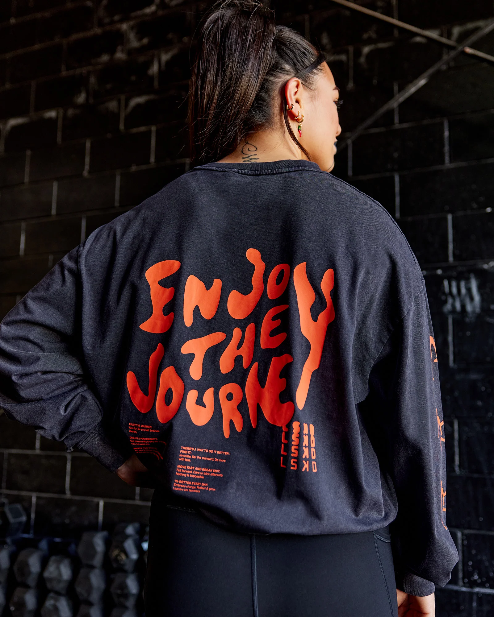 Inferno Journey FLXCotton Oversized Long Sleeve Tee - Washed Black-Ultra Orange