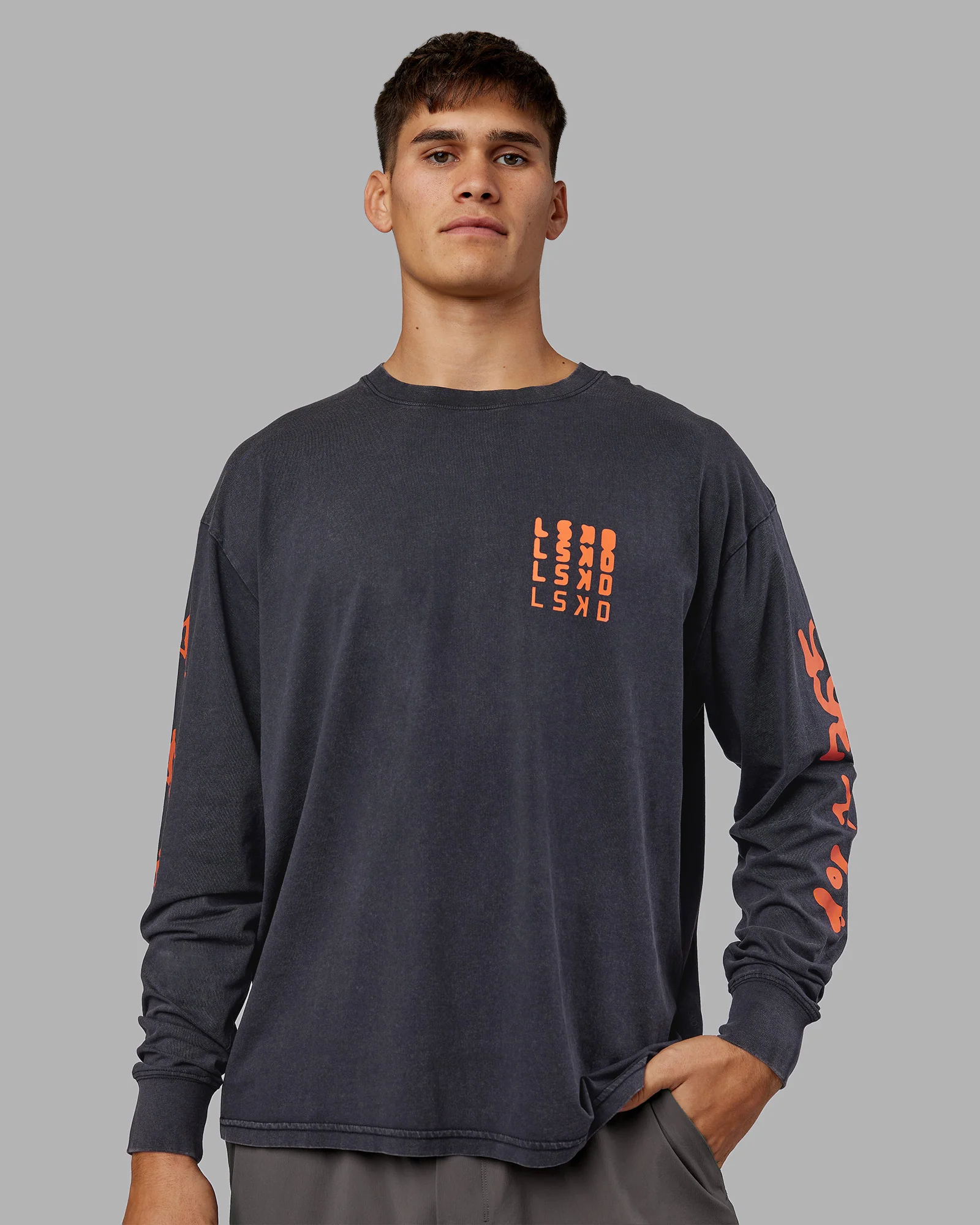 Inferno Journey FLXCotton Oversized Long Sleeve Tee - Washed Black-Ultra Orange