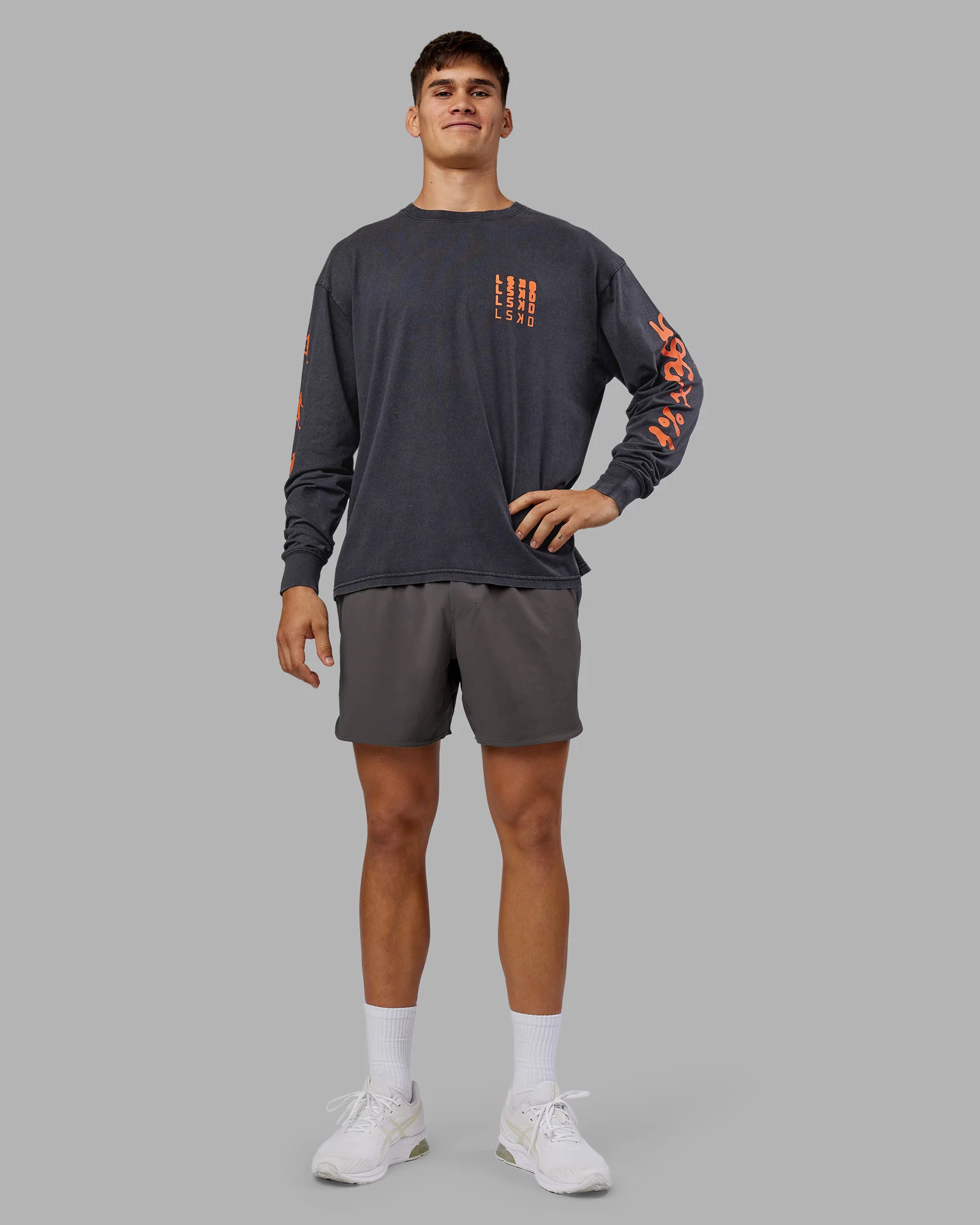 Inferno Journey FLXCotton Oversized Long Sleeve Tee - Washed Black-Ultra Orange