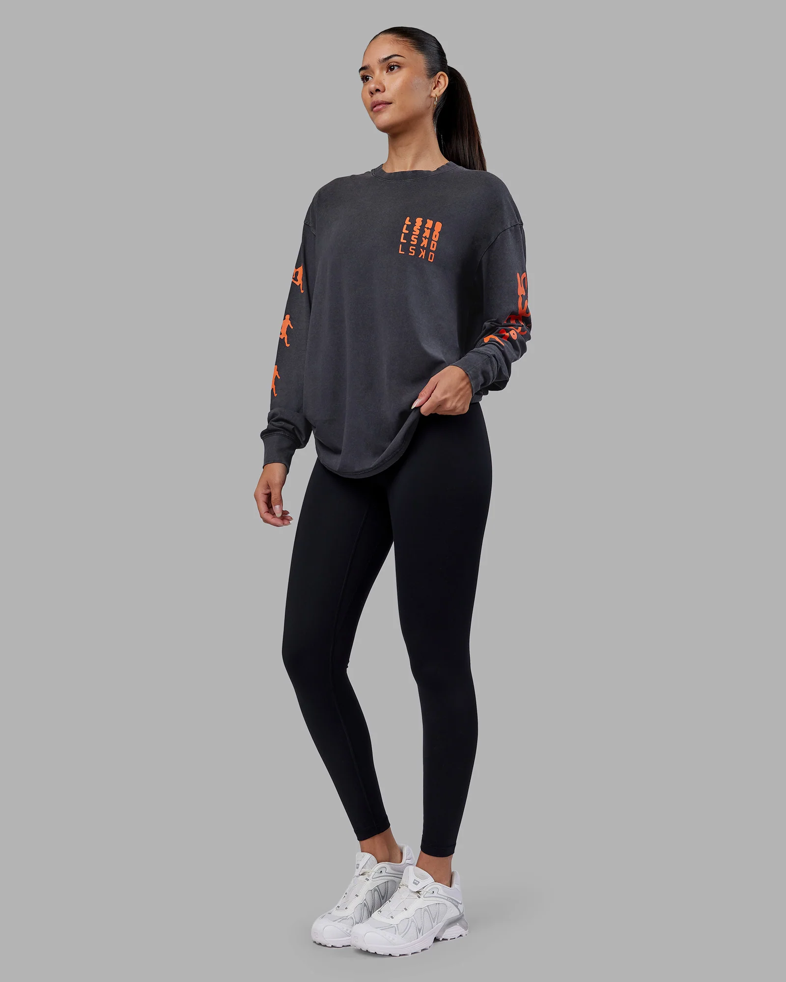 Inferno Journey FLXCotton Oversized Long Sleeve Tee - Washed Black-Ultra Orange