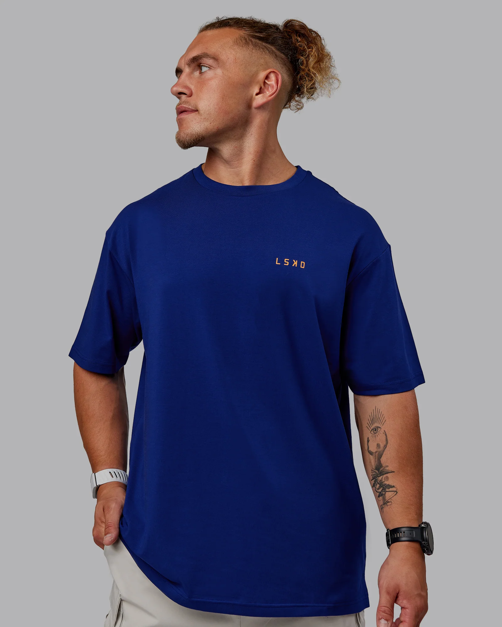 Unisex Strike Through FLXCotton Tee Oversize - Midnight Blue-Vibrant Orange