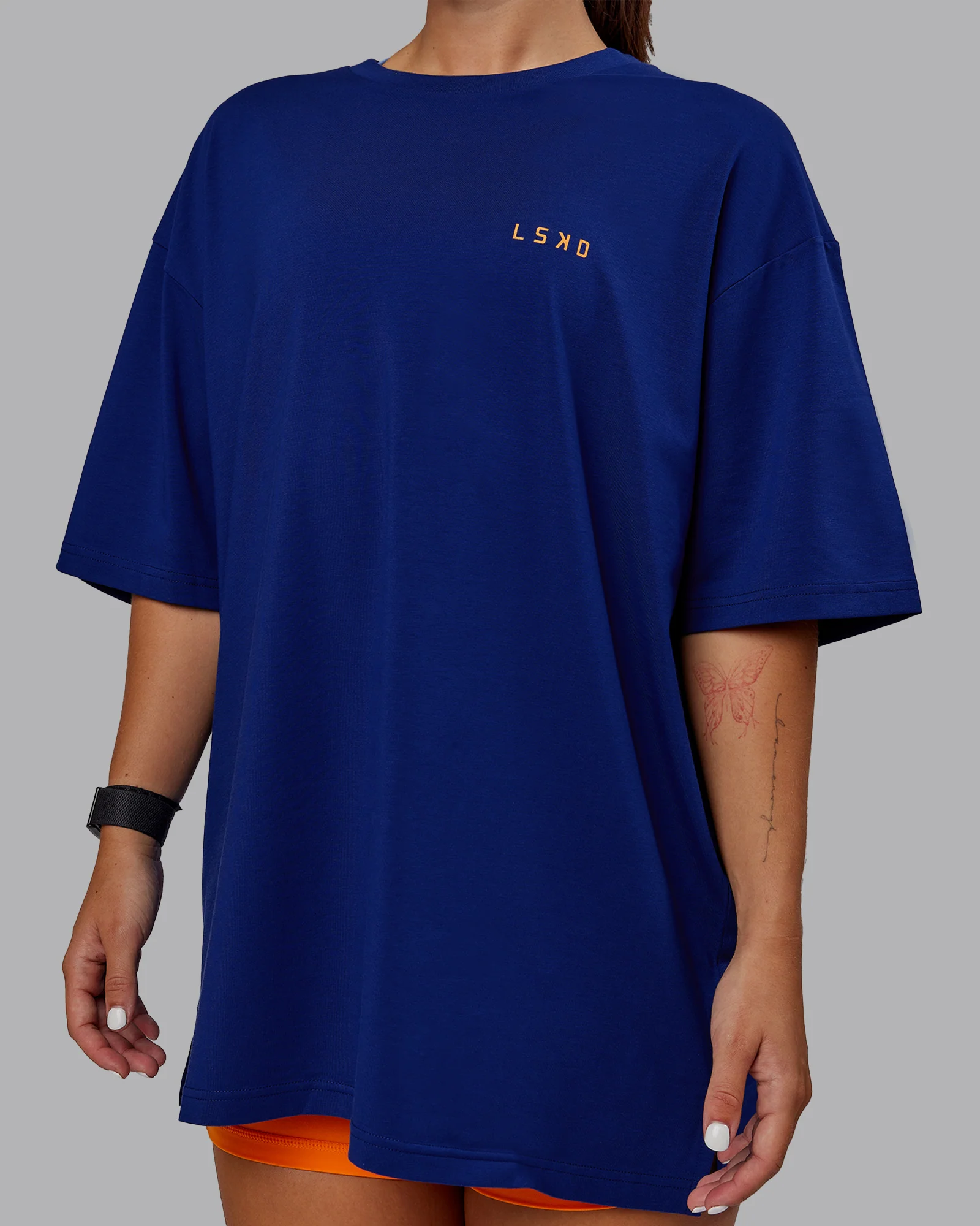Unisex Strike Through FLXCotton Tee Oversize - Midnight Blue-Vibrant Orange