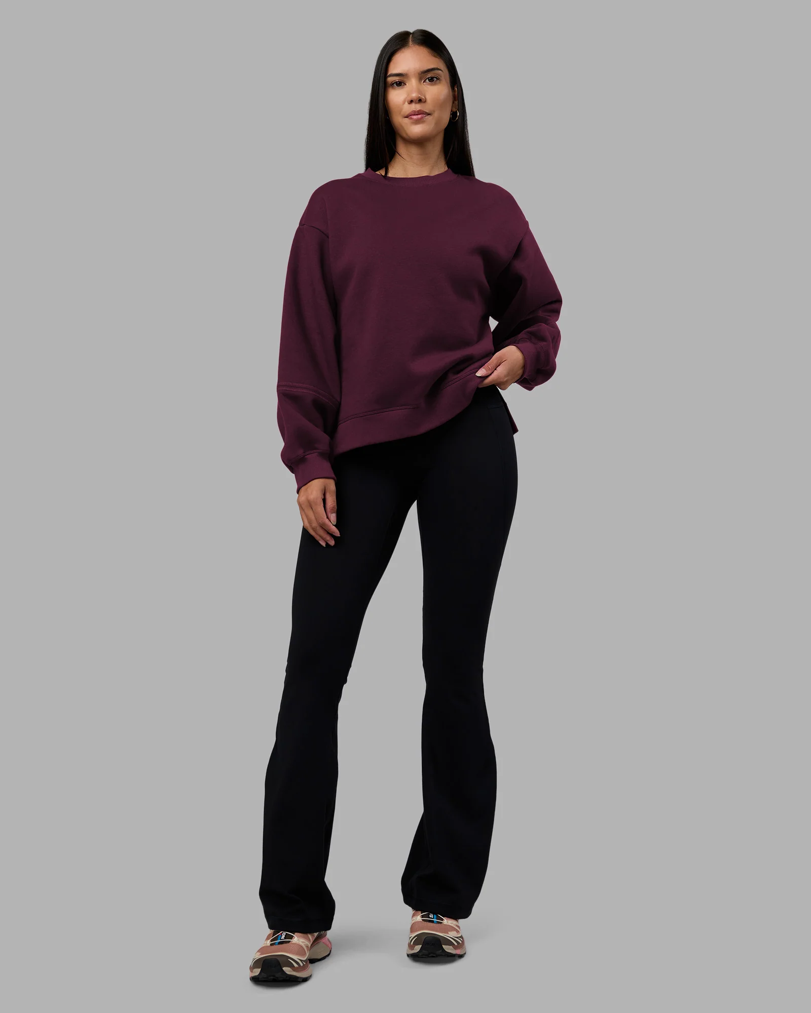 Full Form Fleece Sweater with Side Slits - Cherry Lacquer