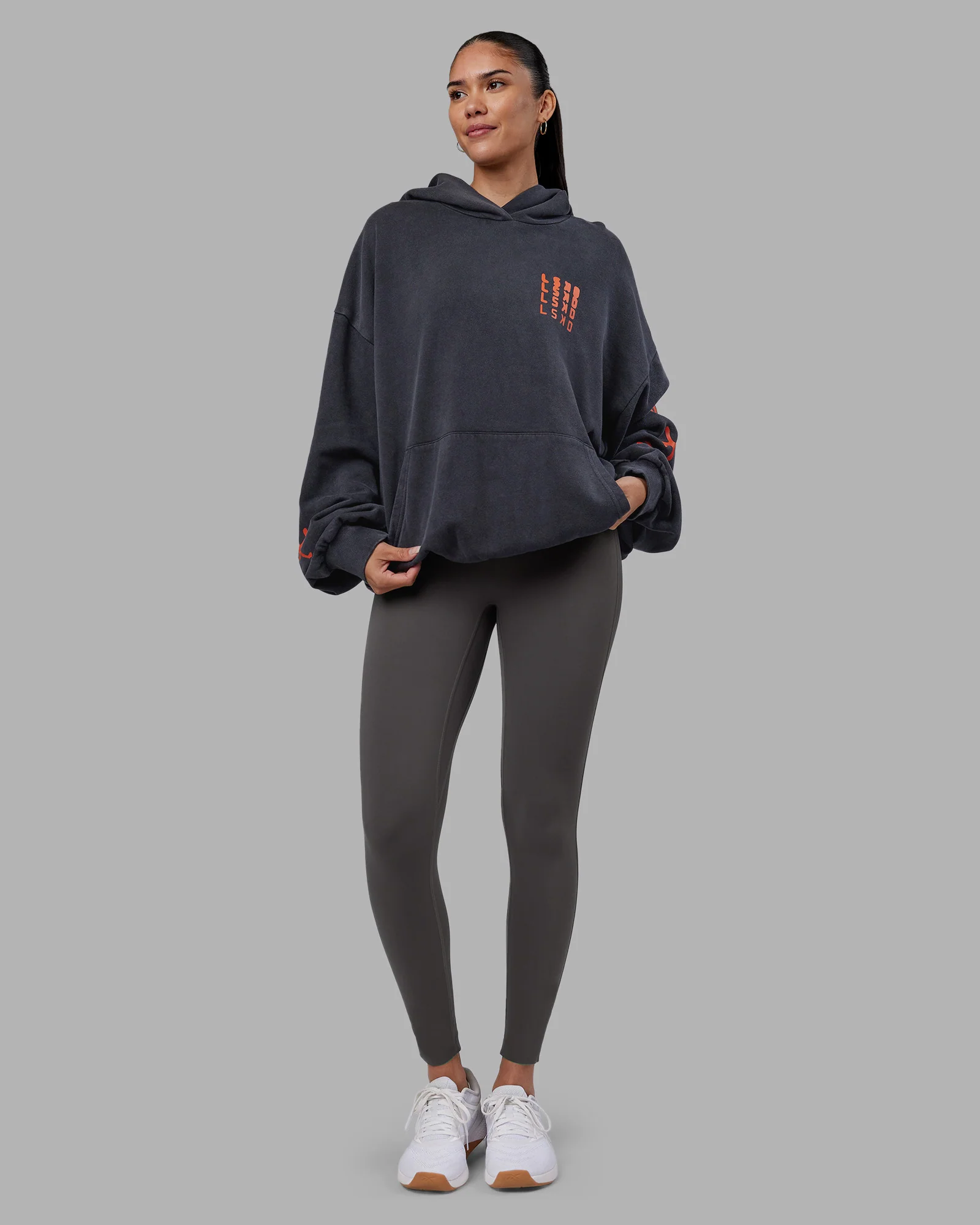 Journey Washed Unisex Oversize Hoodie - Black-Ultra Orange