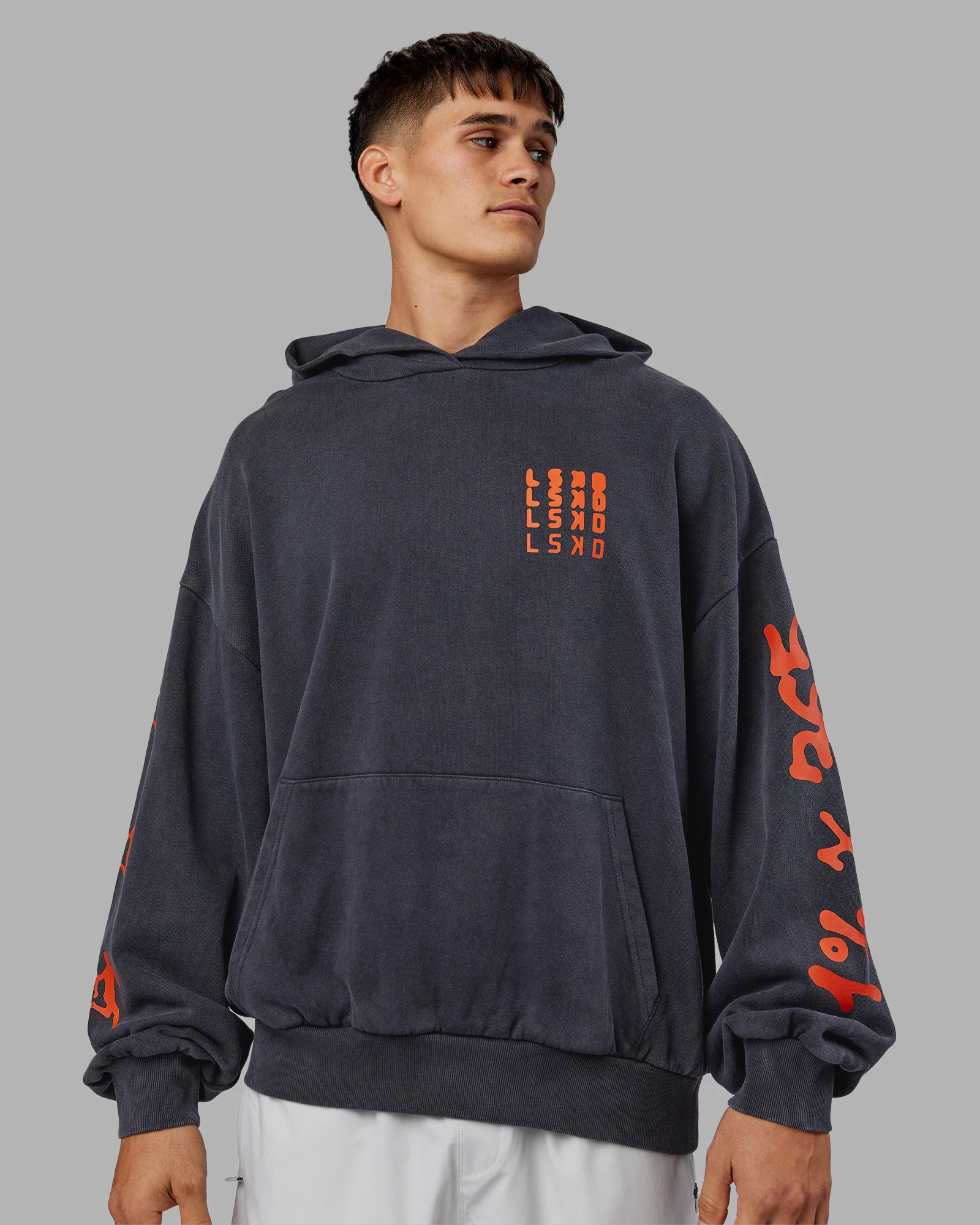 Journey Washed Unisex Oversize Hoodie - Black-Ultra Orange