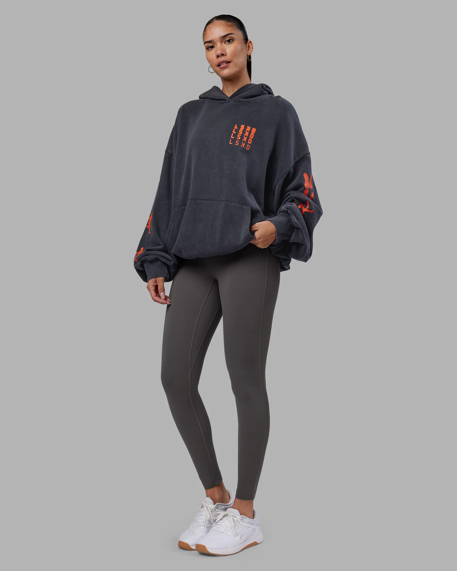 Journey Washed Unisex Oversize Hoodie - Black-Ultra Orange