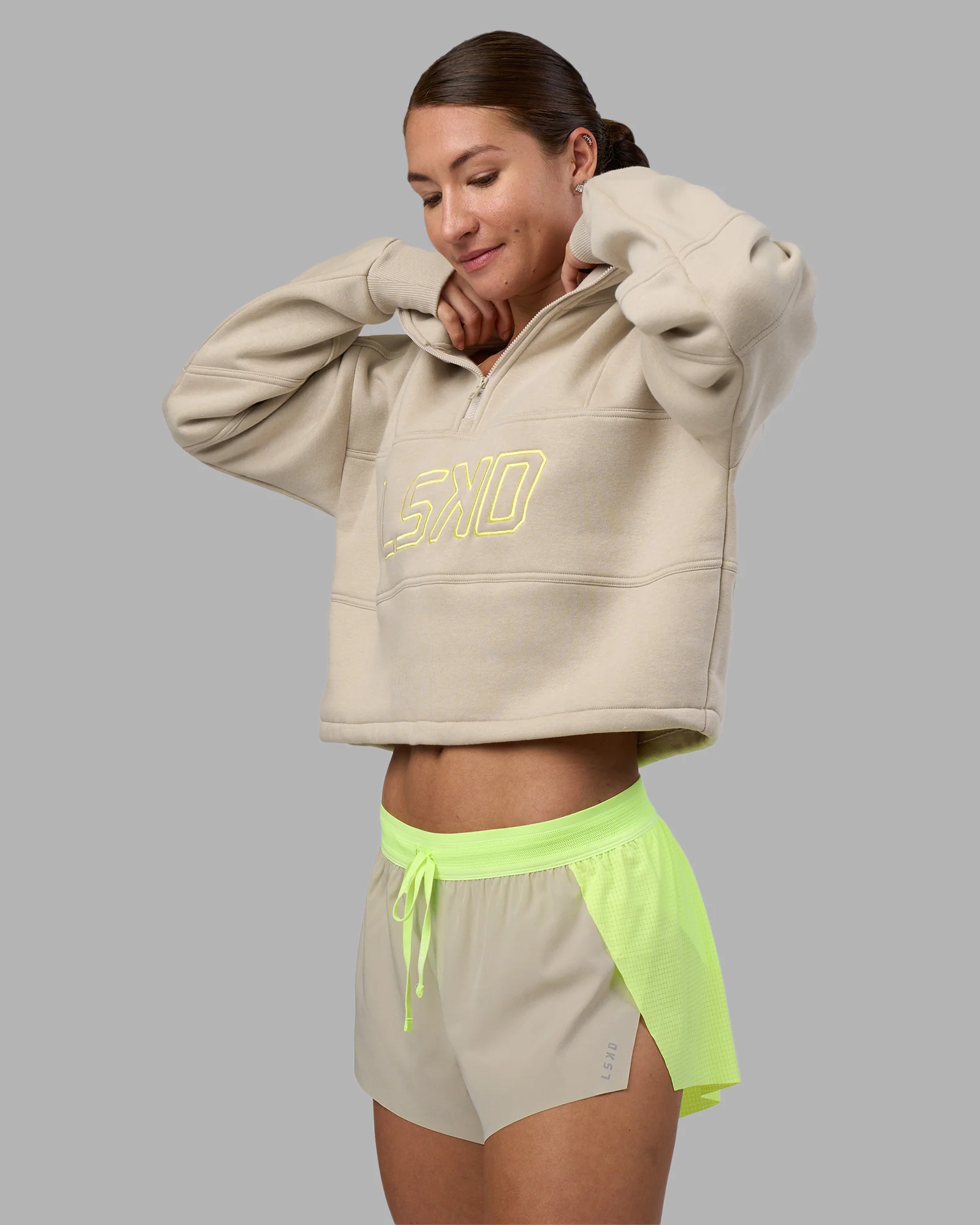 Slam Quarter Zip Sweater - Shale Beige-Lime Glo
