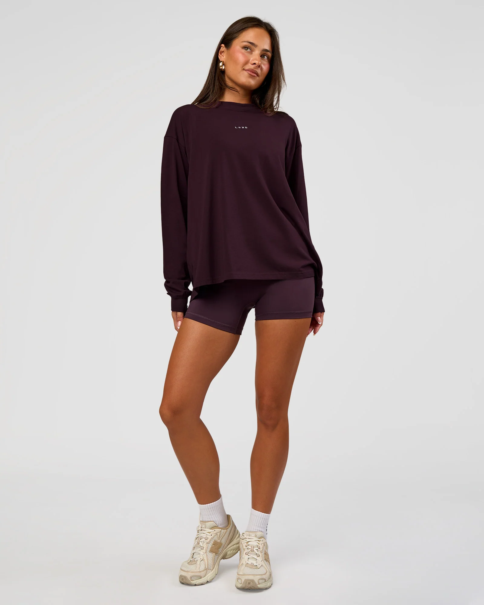 Go-To Long Sleeve FLXCotton Oversized Tee - Midnight Plum-White