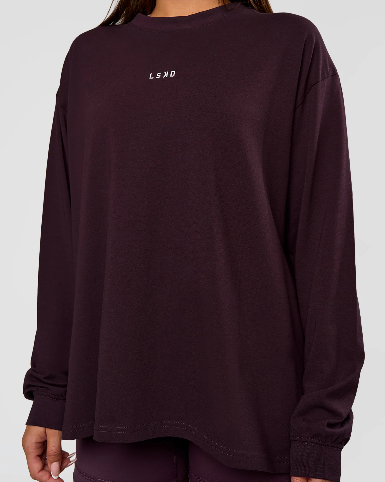 Go-To Long Sleeve FLXCotton Oversized Tee - Midnight Plum-White