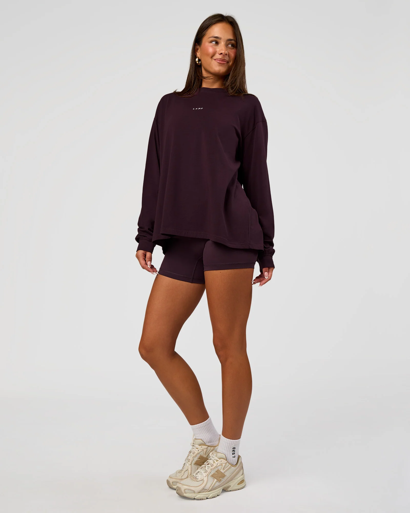 Go-To Long Sleeve FLXCotton Oversized Tee - Midnight Plum-White
