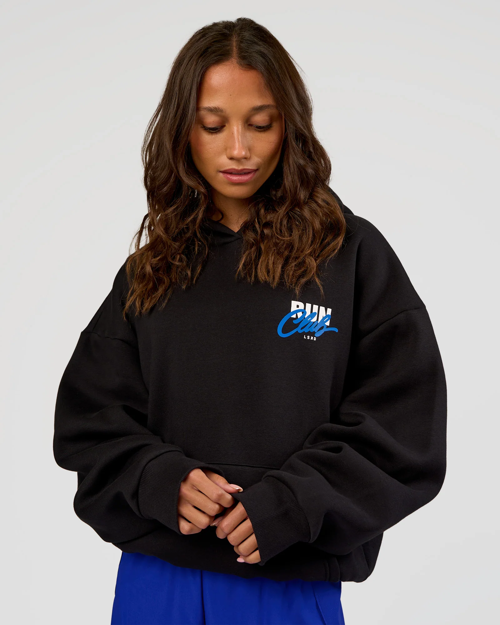 Run Club Script Oversized Hoodie - Black-Palace Blue