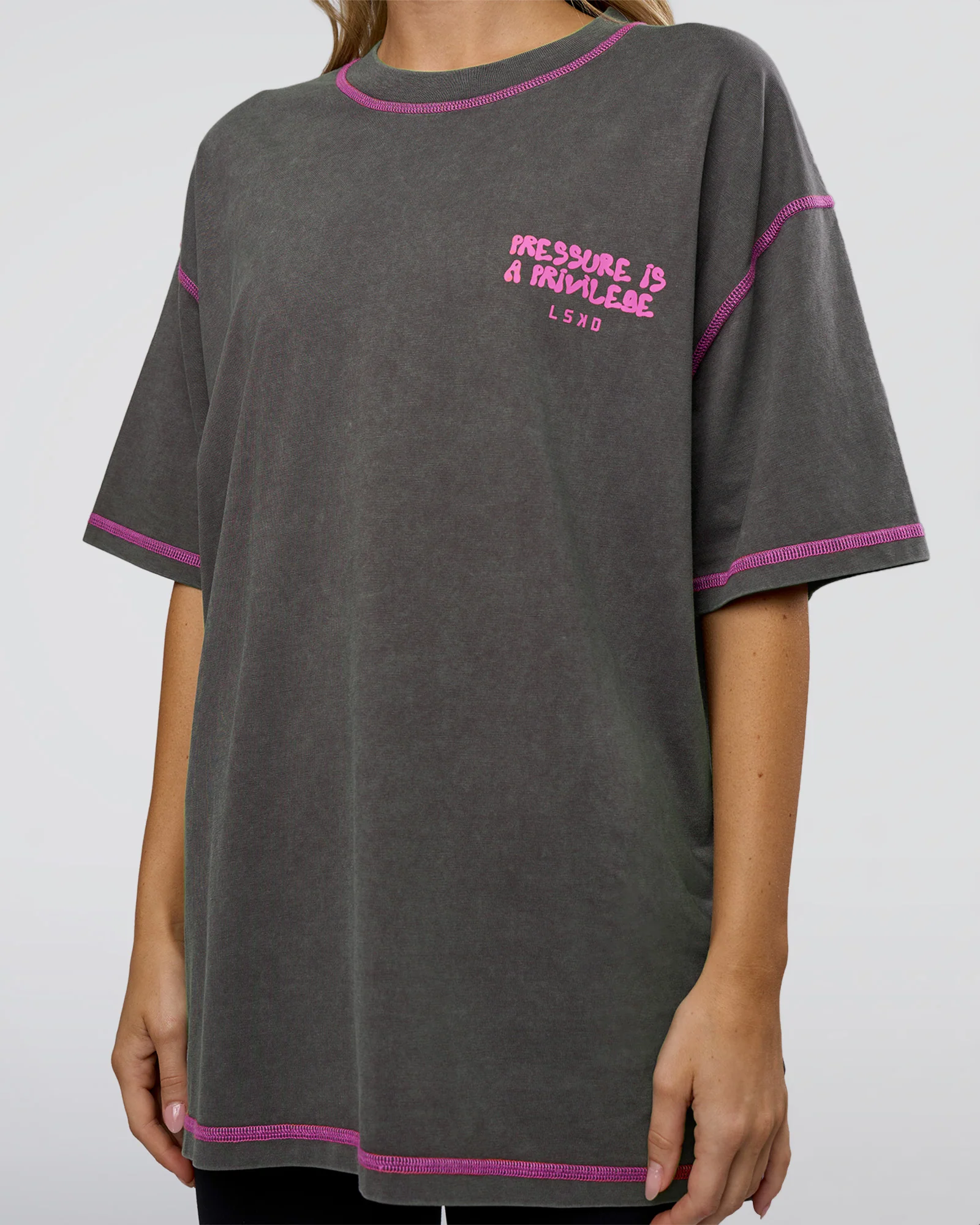 Pressure is Privilege Oversized Tee - Dark Storm Washed-Ultra Fuchsia