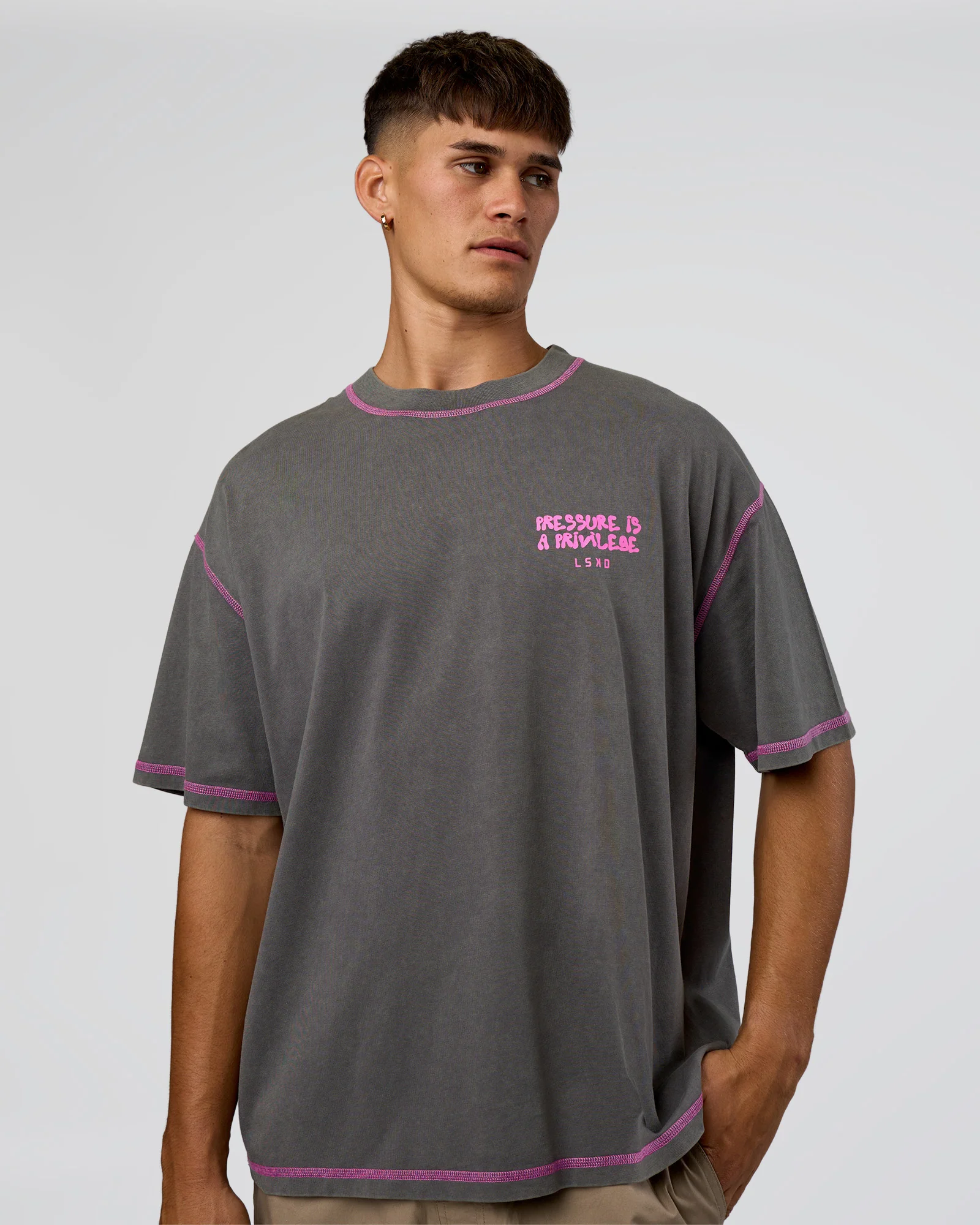 Pressure is Privilege Oversized Tee - Dark Storm Washed-Ultra Fuchsia