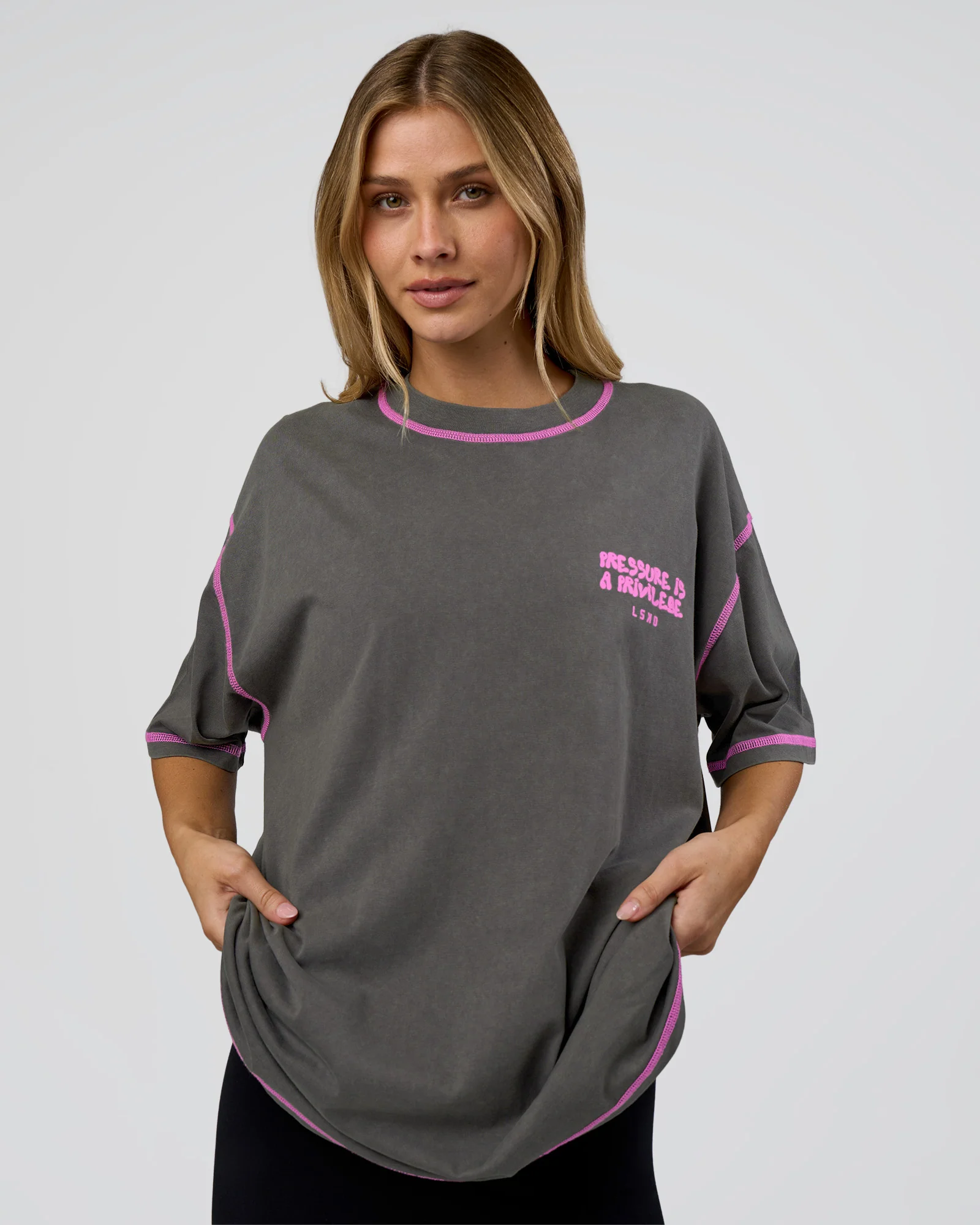 Pressure is Privilege Oversized Tee - Dark Storm Washed-Ultra Fuchsia