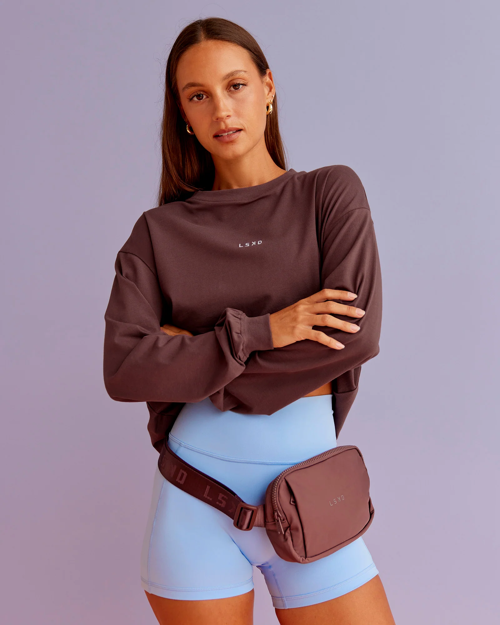 Go-To Long Sleeve FLXCotton Oversized Tee - Cocoa Powder-White